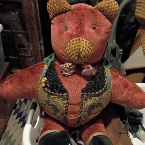 Vintage Style Stuffed Bear with Red and Green Accents